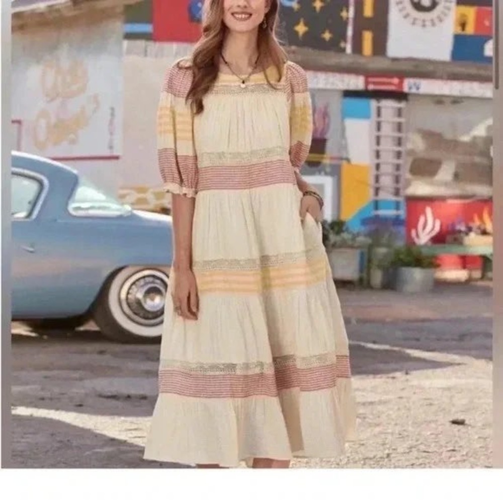 Sundance Cara Belle Cream‎ Yellow Red Stripe Lace Tiered Midi Dress Ps